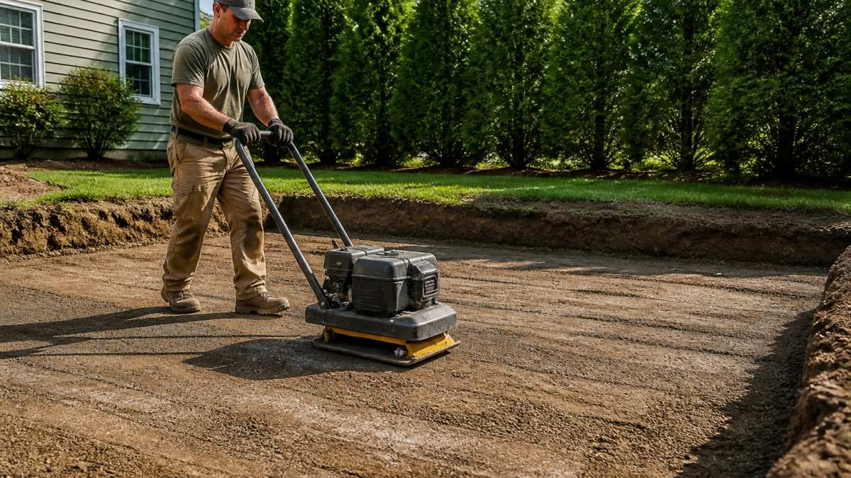 Professional using a plate compactor to prepare land for a shed foundation by compacting the sub-base soil.