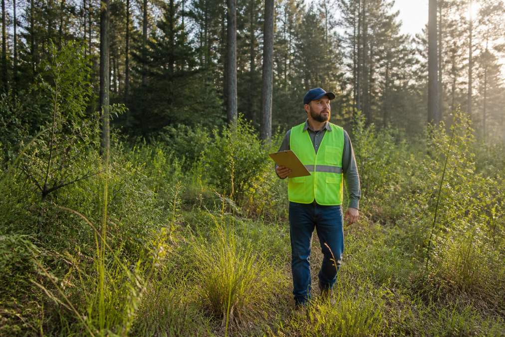 A land assessor in work boots and a hi-vis vest walking an overgrown East Texas property with a clipboard, tall brush and pine trees in the background, morning light