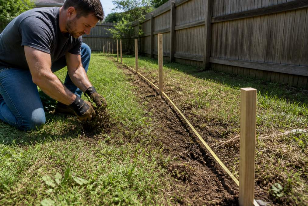 A homeowner in work gloves pulling weeds and small brush along a marked dirt line in a sunny backyard, with a measuring tape and wooden stakes visible in the foreground