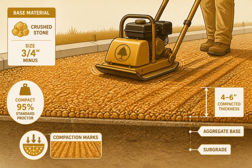 Close-up of crushed stone and aggregate base layer being compacted with plate compactor equipment on prepared driveway site, showing orange-colored stone and compaction marks in afternoon light