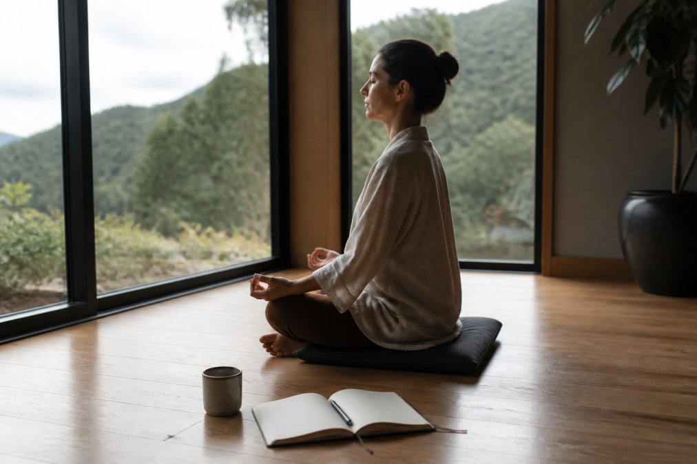 A serene, minimalist room with a person sitting cross-legged on a cushion, eyes closed, practising meditation, soft natural light through large windows, a journal and pen resting on a wooden floor nearby
