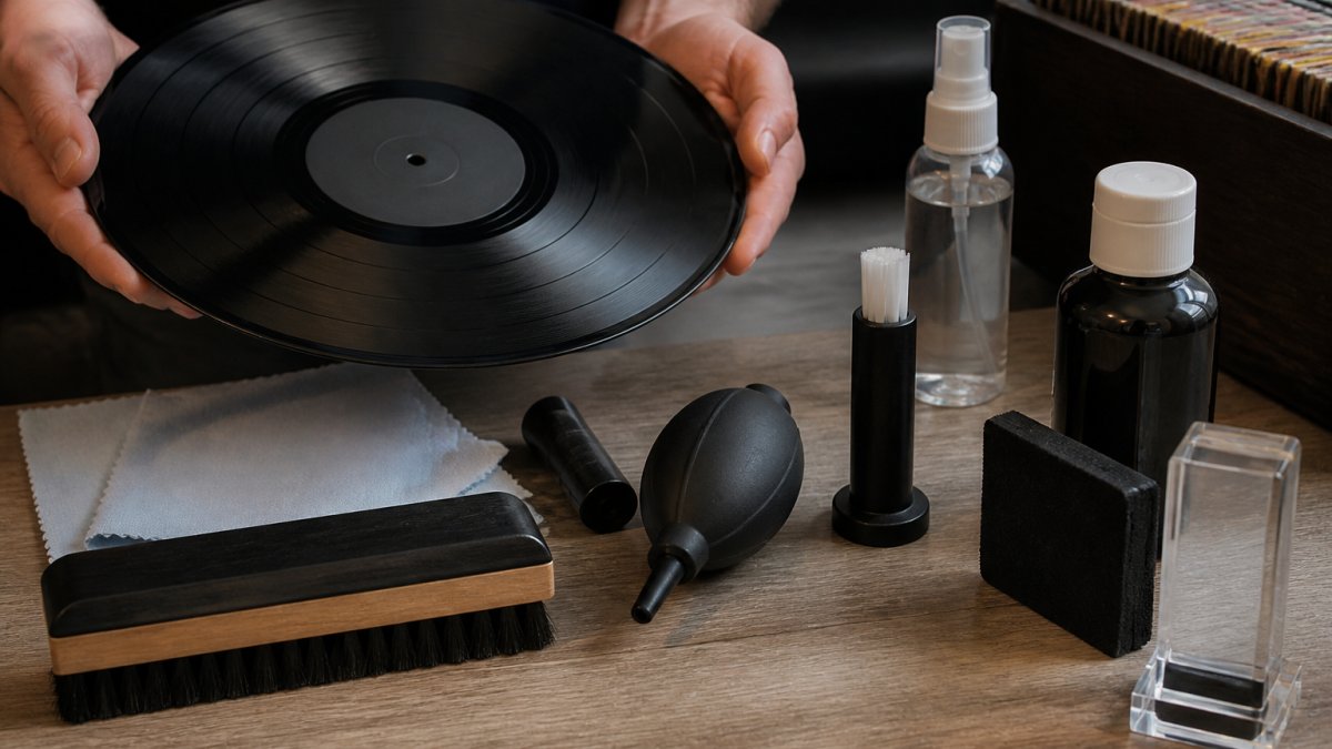 Hands holding a vinyl record by the edges with cleaning tools nearby to prepare old records for digital conversion