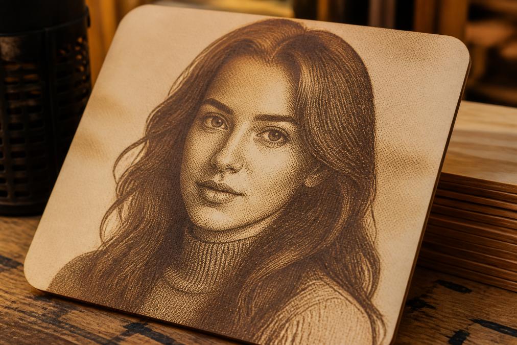 Close-up of a laser-engraved wooden portrait demonstrating how to prepare photos with a halftone dot pattern.