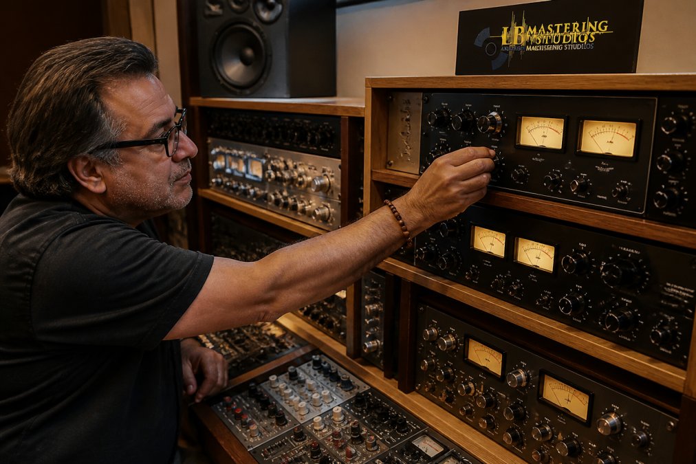 Professional mastering engineer adjusting analog outboard gear in a dedicated studio, with VU meters, frequency analyzers, and vintage compressors visible on wooden shelving under warm studio lighting