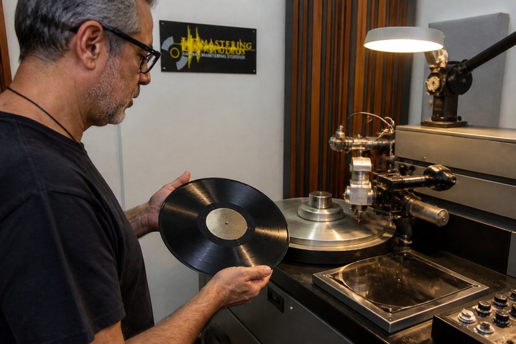 Hands holding a pristine vinyl record next to a lacquer cutting lathe in a professional pressing facility, with cutting stylus visible under bright overhead lighting and control panels in the background