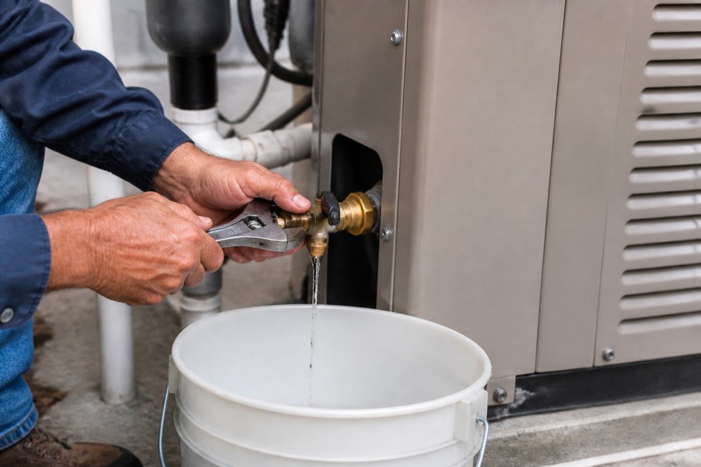 Professional technician's hands opening a drain cock on pool heater equipment with a wrench, showing the valve location and water dripping into a bucket below