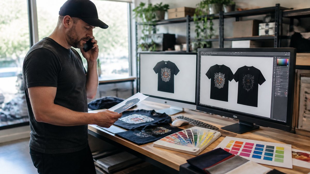 Professional graphic designer reviewing print files on dual computer monitors with color swatches, fabric samples, and design mockups on the desk in a modern office setting
