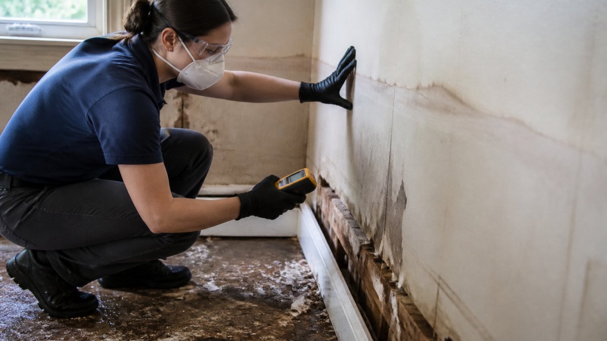 Homeowner in safety gear using a moisture meter to assess water damage on a wall for post-flood inspection.