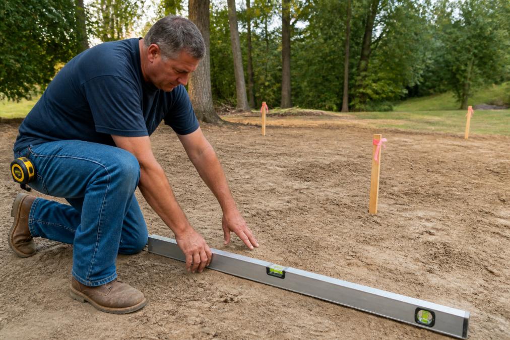 Property owner using a level and stakes to check ground slope as you learn how to prepare site for metal carport