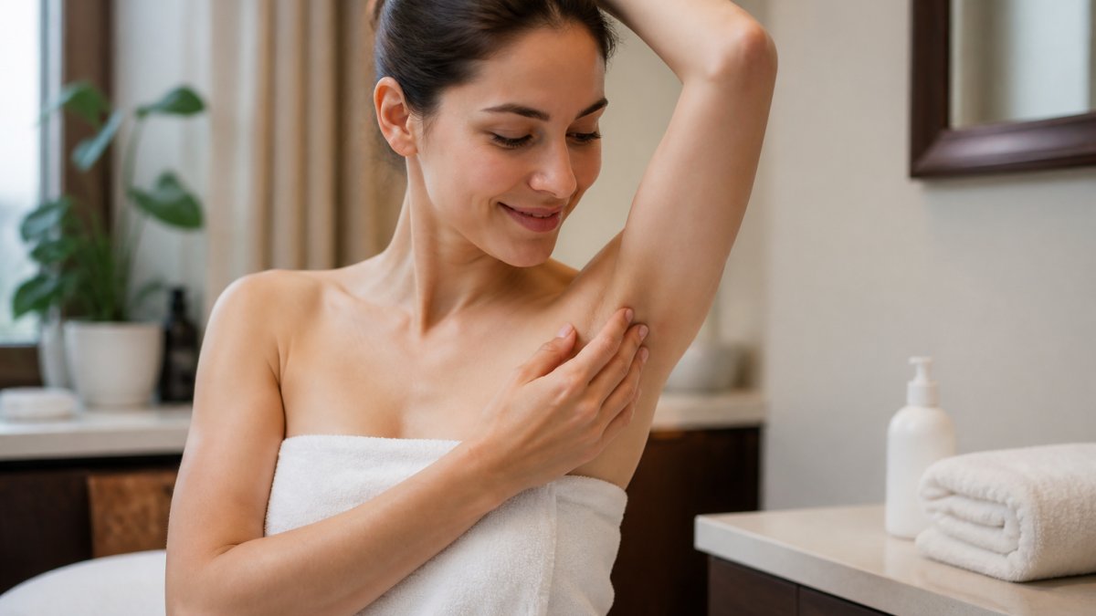 A woman in a spa treatment room gently examining her smooth underarm skin, with a folded towel and a bottle of unscented lotion on a nearby counter, soft natural light