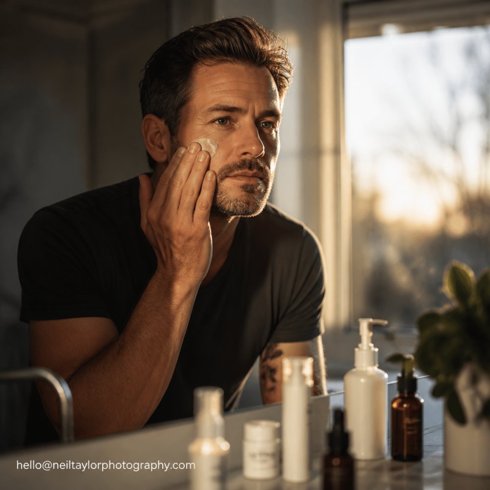A person gently applying moisturiser to their face at a bathroom sink in soft morning light, skincare bottles arranged neatly on the counter