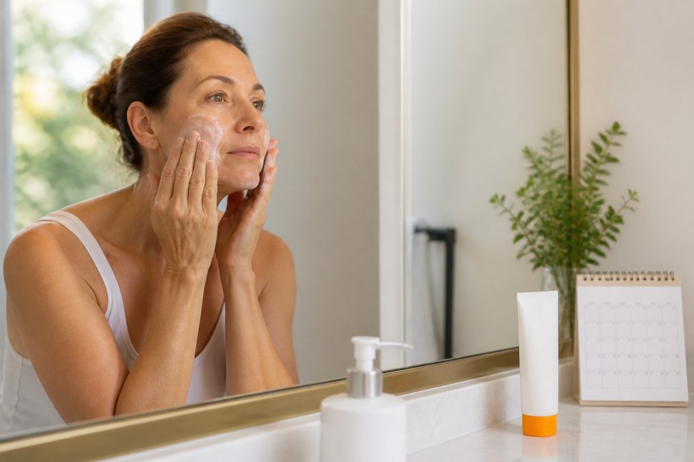 Woman applying gentle cleanser at a vanity to learn how to prepare skin for laser treatments in 2026.