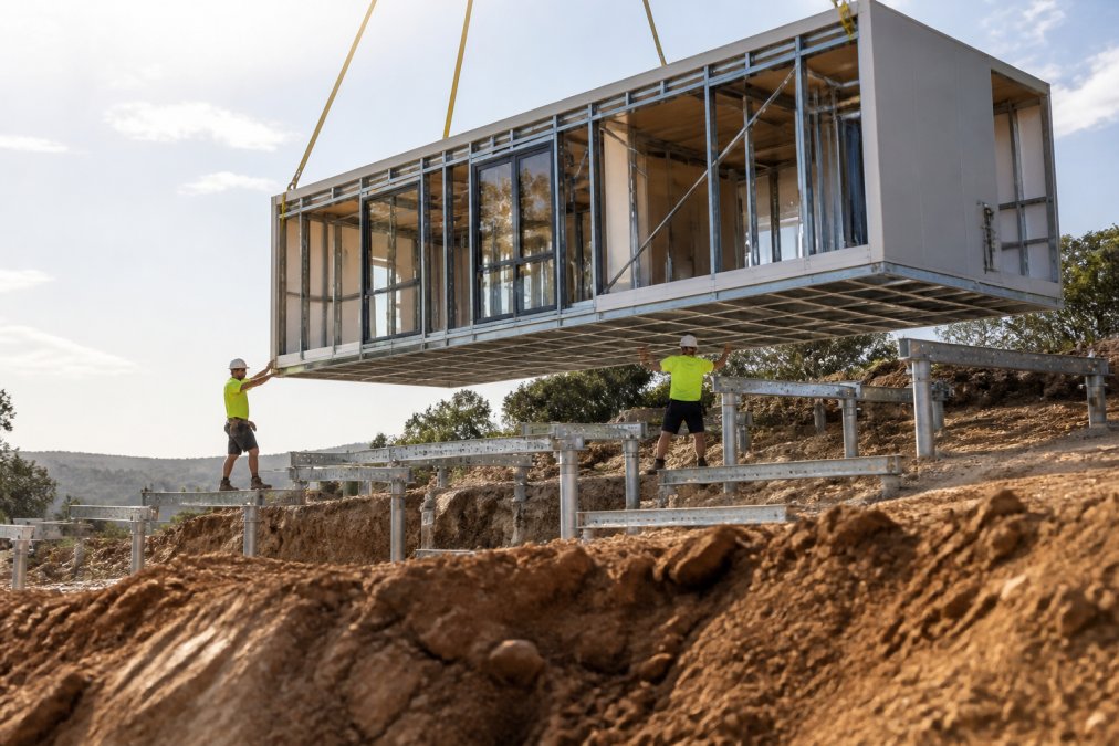 A steel-framed modular home module being lowered by crane onto adjustable piers on a sloping block, with workers guiding it into place and excavated soil visible in the foreground