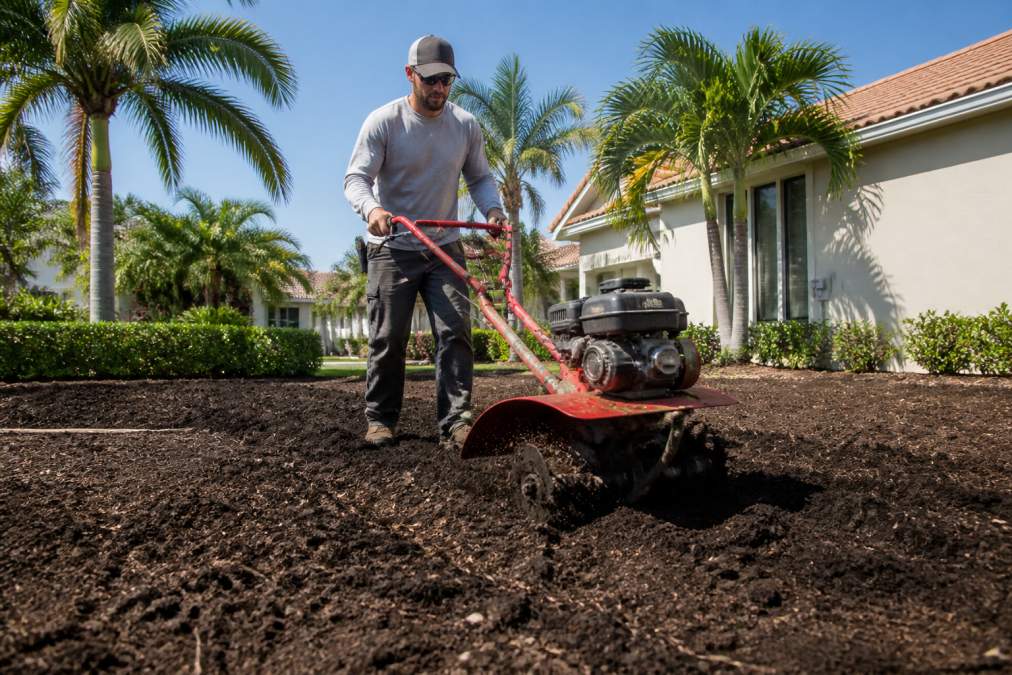 A landscaper in work clothes using a rototiller on a residential yard in South Florida, turning dark soil, with palm trees and a house visible in the background under bright sunlight