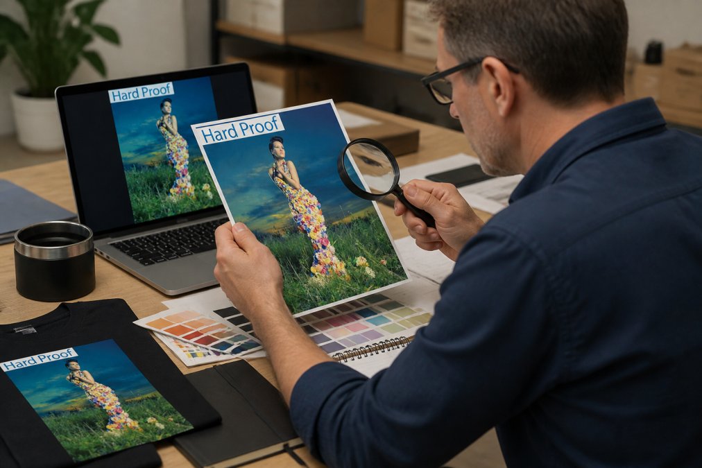 Professional reviewing printed promotional items and samples on a desk, examining color accuracy with a magnifying glass, comparing hard copy proofs against digital files on a laptop with color swatches visible
