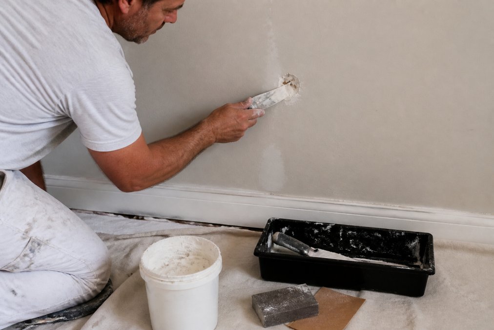 Homeowner using a putty knife to apply joint compound to prepare walls by filling a small drywall hole.