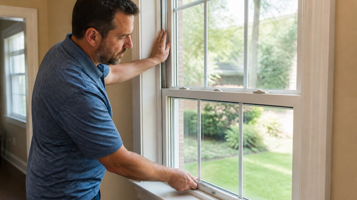 Homeowner inspecting interior window frame and sash, checking for damage and operation with natural daylight streaming through the glass panes