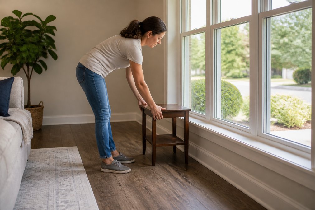 Diagram illustrating how to prepare windows by clearing pathways and moving furniture away from the glass.
