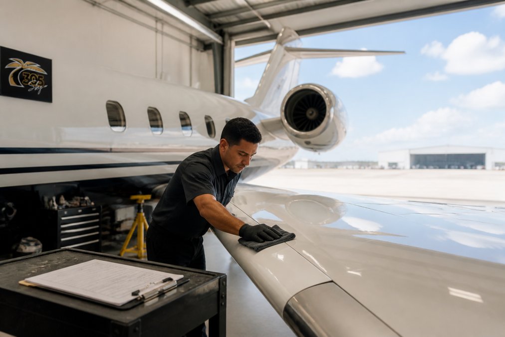 Aircraft technician in a hangar wiping down the wing of a private jet with a microfiber cloth, inspection clipboard visible on a nearby workbench, bright natural light through hangar doors