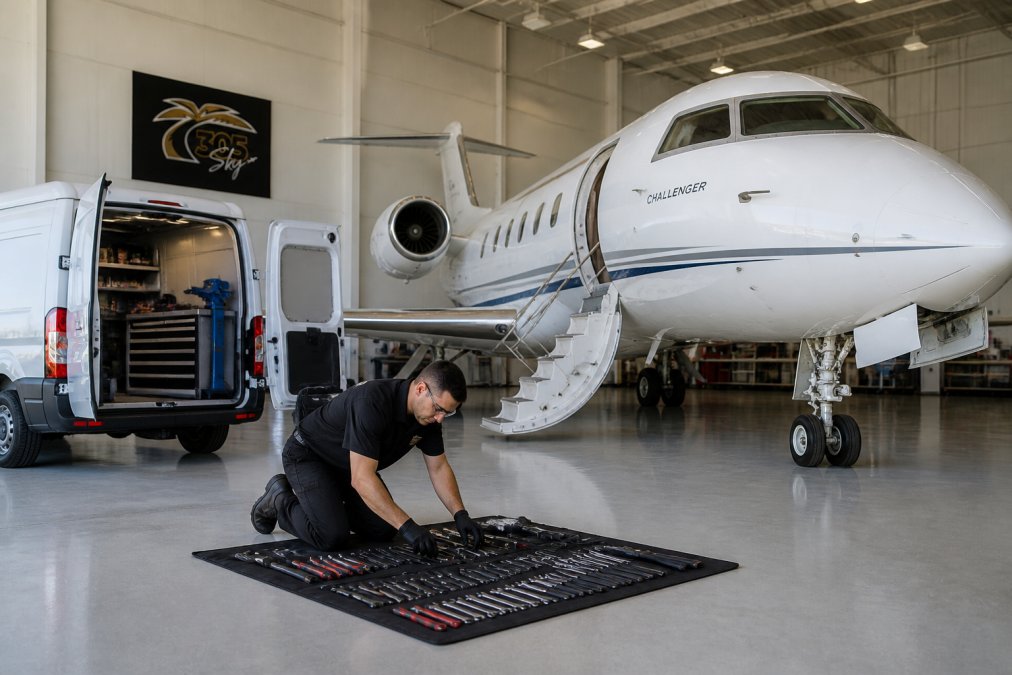 A well-lit private jet hangar with a Challenger parked inside, a white mobile maintenance van nearby, and a technician in a clean uniform laying out hand tools on a mat beside the aircraft