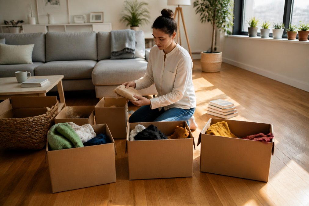 A person sorting items into labeled boxes on a living room floor, with a clear space emerging around them in warm natural light