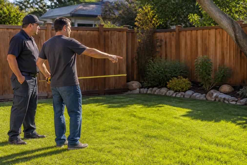 A homeowner in a backyard pointing to a flat grass area near a fence while holding a measuring tape, discussing the layout with a delivery professional in a work uniform under bright afternoon sunlight