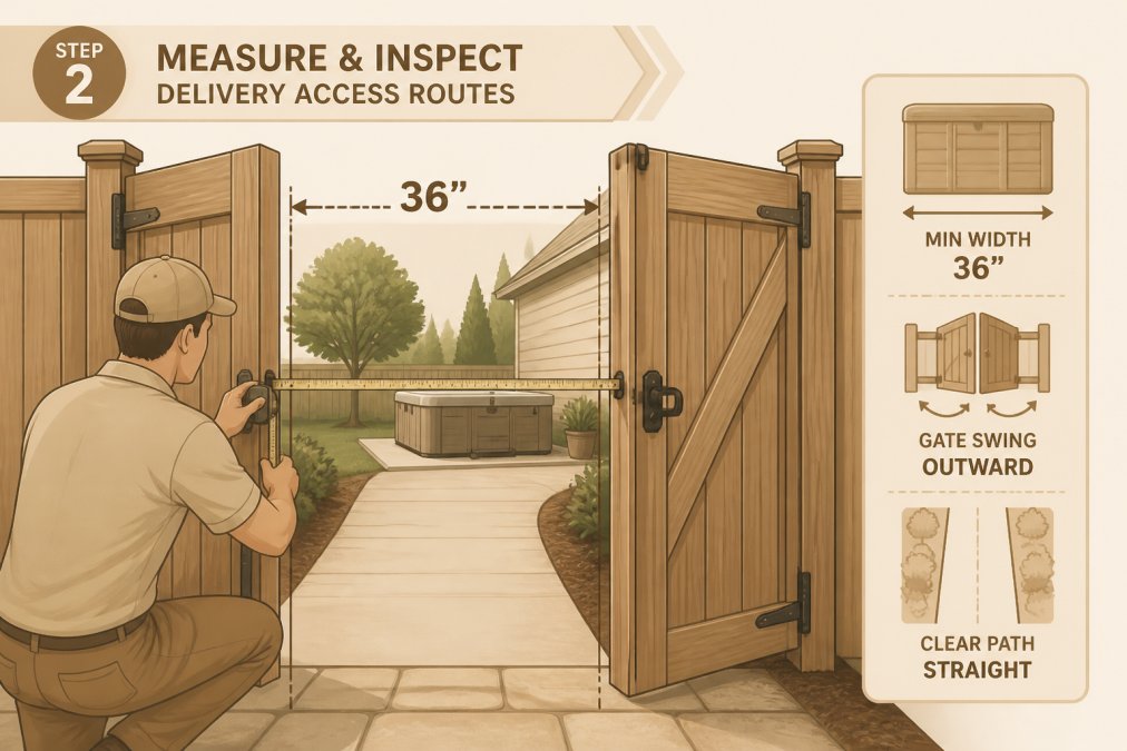 Homeowner measuring a wooden gate opening with a metal tape measure, showing the width dimension of a backyard entrance with a clear delivery path visible beyond