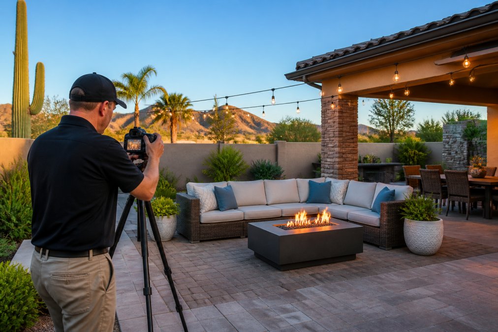 A beautifully staged backyard patio with clean outdoor furniture, plush cushions, potted plants, and string lights against a clear desert sky in the Phoenix Valley