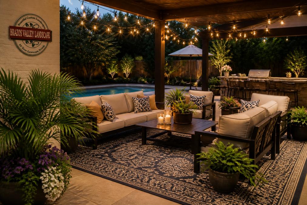 Cozy backyard patio with comfortable seating and string lights, perfect for summer entertaining with guests.