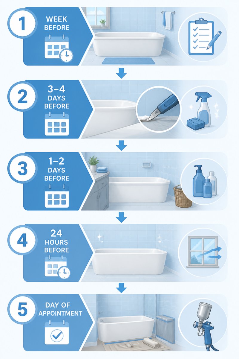 Timeline flowchart showing how to prepare your bathroom for tub refinishing from booking to appointment day.