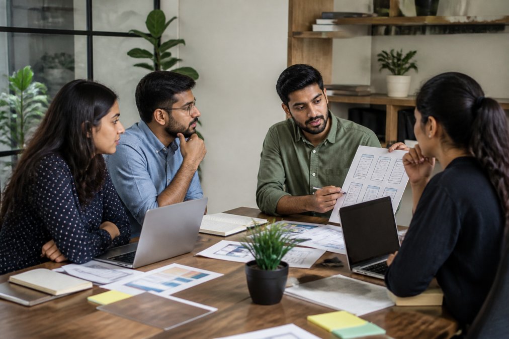 Professional team gathered around a modern conference table reviewing wireframes and strategic documents on laptops, discussing mobile app launch objectives with natural office lighting