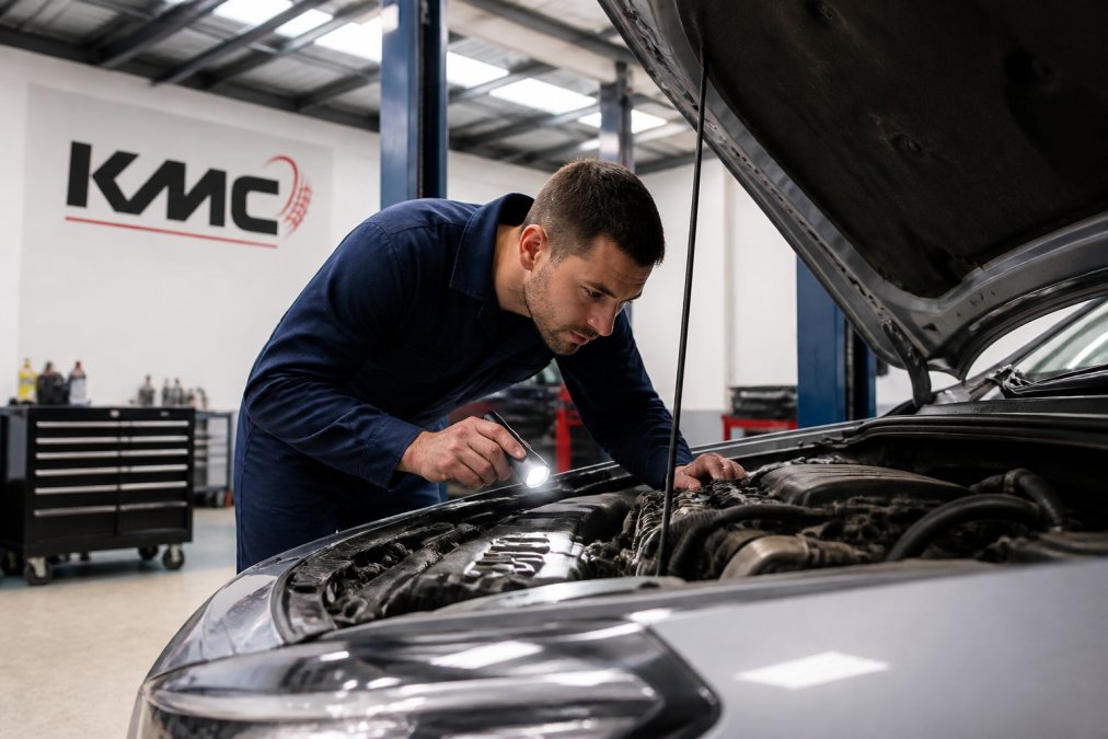 Mechanic in dark blue overalls leaning under the open bonnet of a silver car, inspecting engine components with a torch, modern workshop with bright overhead lighting