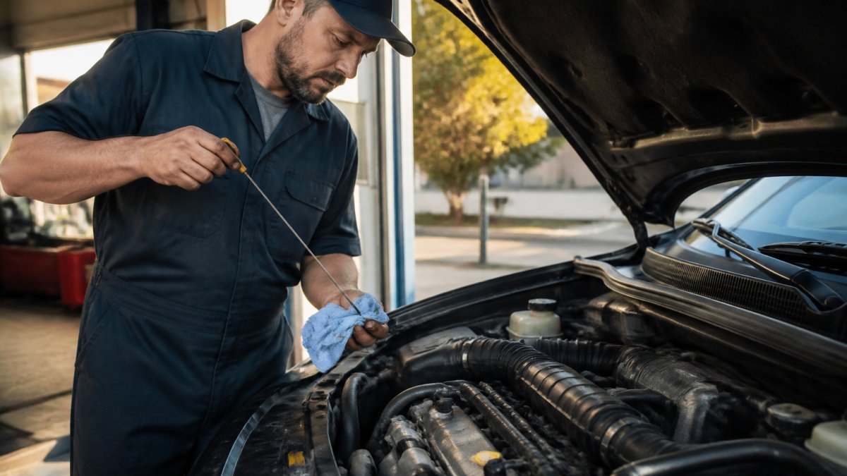 Mechanic in work uniform checking engine oil level using dipstick under the hood of a vehicle, with natural daylight illuminating engine components