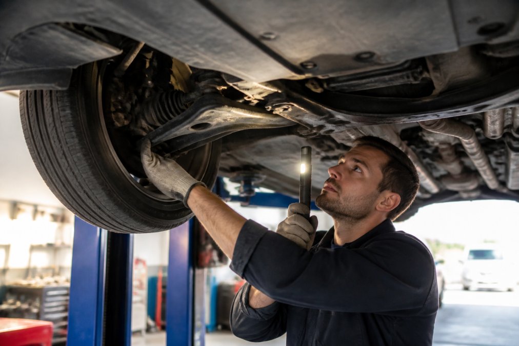 Technician inspecting the undercarriage and suspension components of a vehicle on a lift, checking wheel bearings and brake components with focused lighting