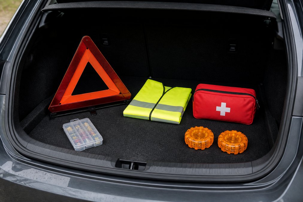 How to Prepare Your Car for Long Motorway Journeys Car boot open with emergency kit items laid out neatly: warning triangle, fluorescent jacket, first aid kit, spare fuses, and high-visibility beacon lights arranged on dark boot carpet