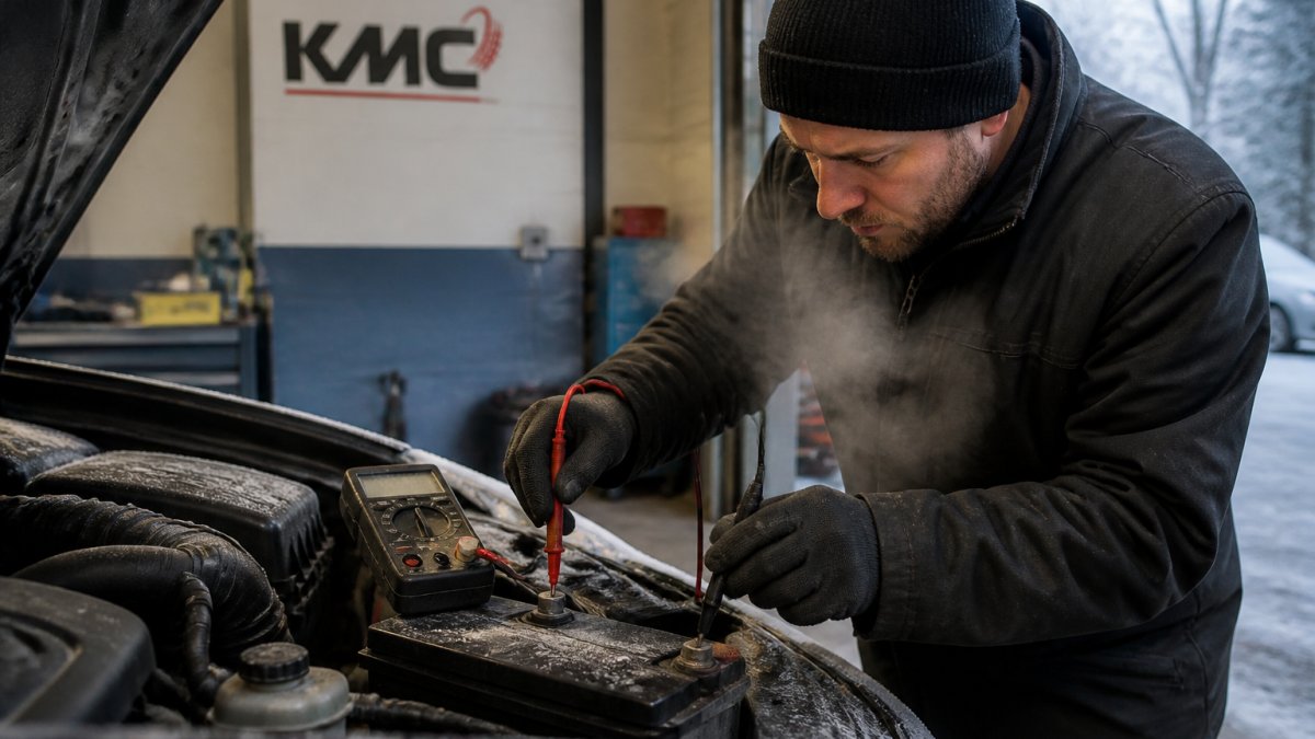 Close-up of a mechanic's gloved hands testing a car battery with a multimeter in a cold, frosty garage workshop, breath visible in the cold air