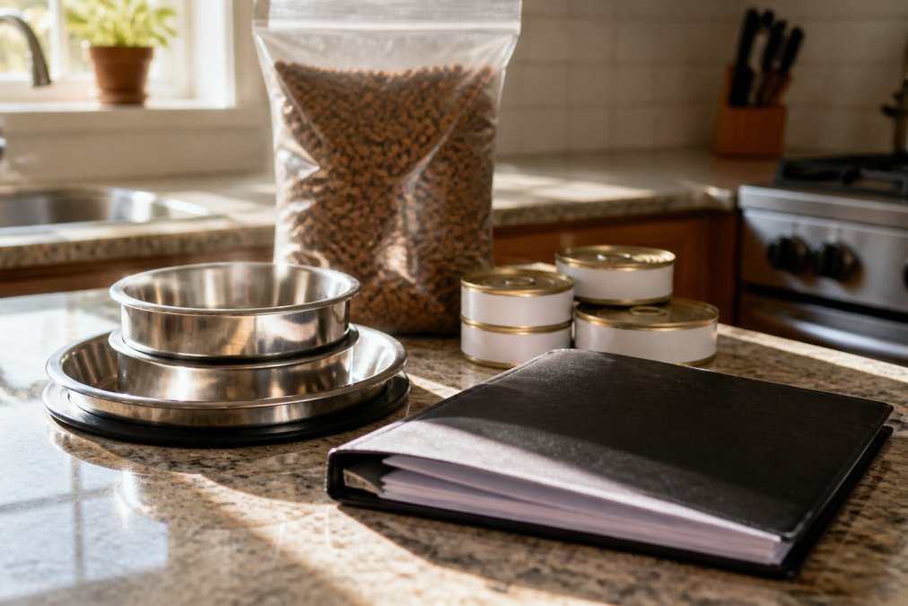 A neat pile of cat supplies on a kitchen counter, including food bowls, a bag of dry food, and a folder with veterinary documents, lit by warm morning sunlight