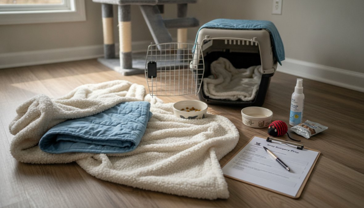 A calm cat sitting inside an open carrier lined with a soft blanket, placed on a living room floor, with a pet owner kneeling nearby and gently placing a hand on the carrier door