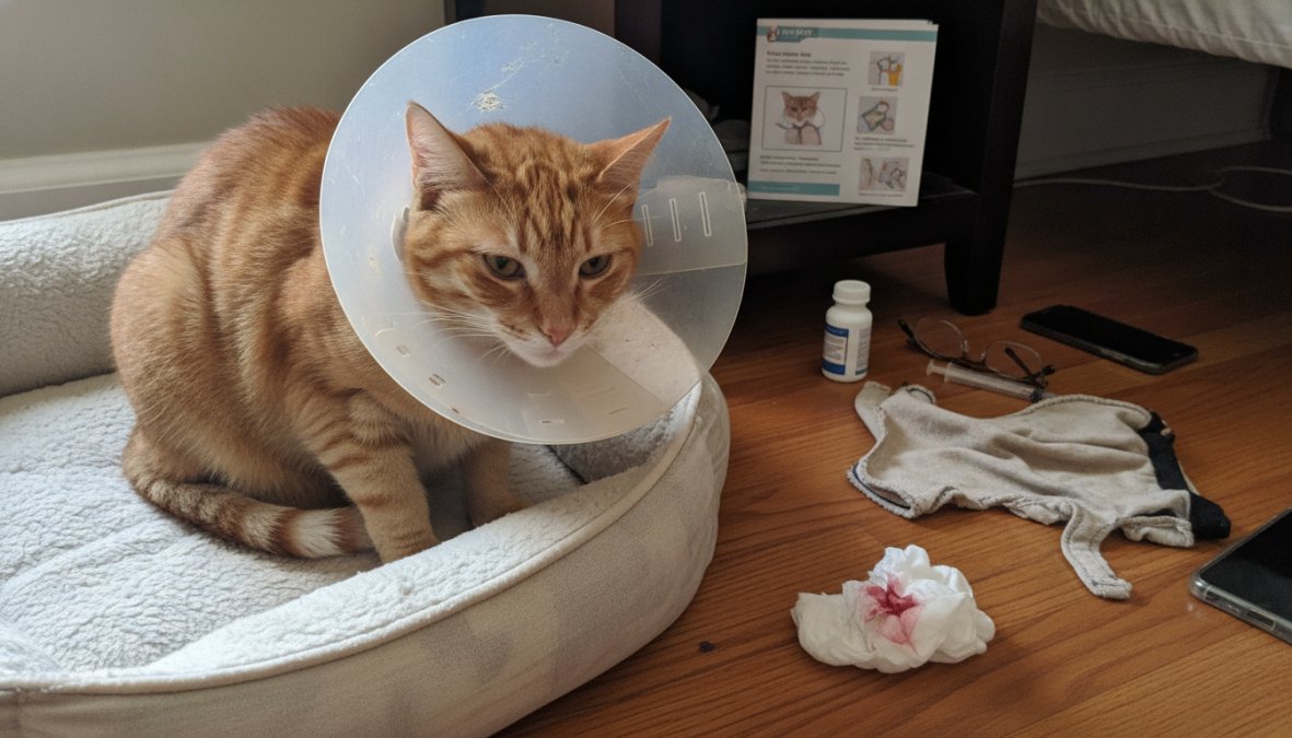 A cat wearing an Elizabethan collar resting on a soft blanket, with a caring owner gently checking the cat's abdomen area in a well-lit home environment