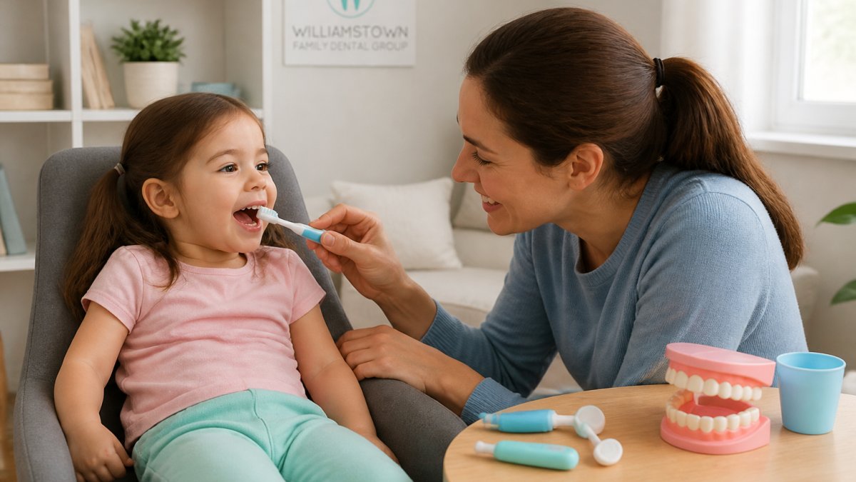 Parent and young child playing dentist at home, child sitting in chair with parent holding toothbrush prop, both smiling and engaged in pretend play with toy dental tools