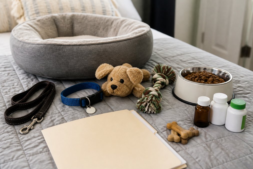Essential items to prepare dog for boarding including food, bedding, toys, and medical records laid out on a bed.