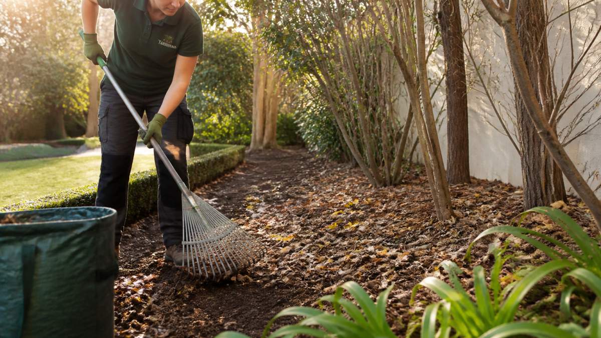 Gardener using a rake to clear fallen leaves and winter debris from garden beds, revealing rich soil beneath, with morning sunlight filtering through trees