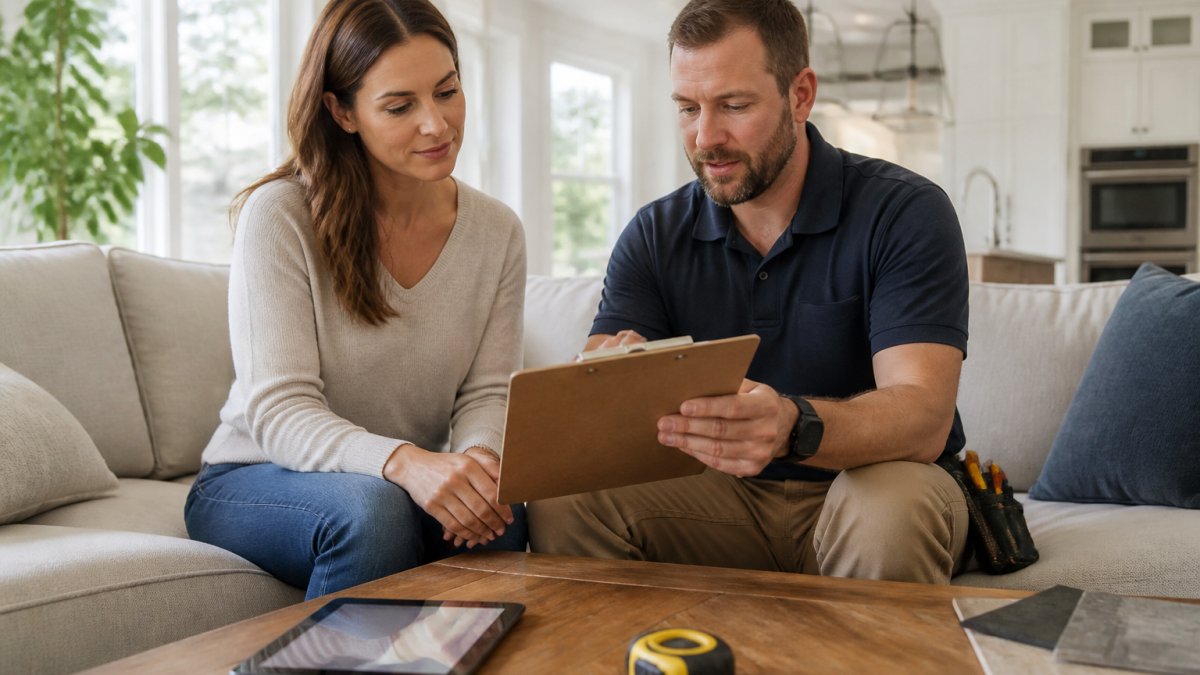 A homeowner and a contractor reviewing a clipboard checklist together in a bright living room, with a tablet and tape measure resting on a wooden table, natural daylight through large windows