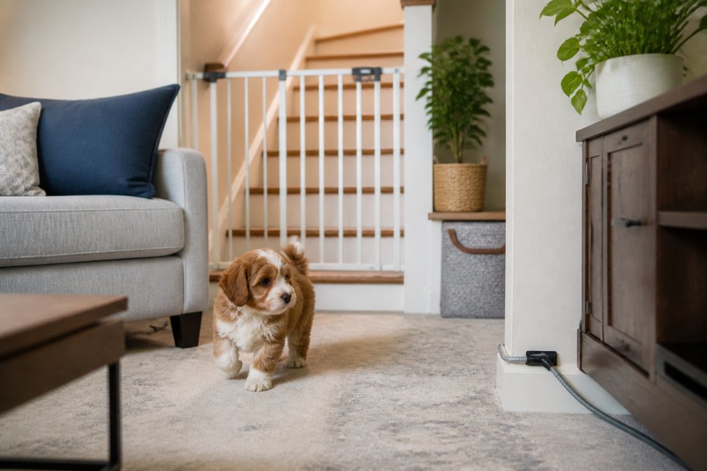 A bright living room with a puppy exploring safely, showing baby gates blocking stairs, electrical cords secured behind protective tubing, and toxic plants removed from furniture surfaces