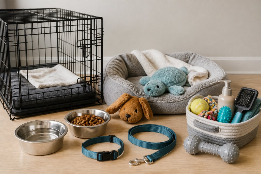 A cozy puppy setup with a properly-sized crate, stainless steel food and water bowls, a collar and leash, soft bedding, chew toys, and grooming supplies neatly arranged on a light background