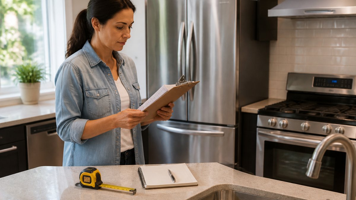 A homeowner holding a clipboard with a printed checklist, standing in a bright kitchen with a refrigerator and range visible, measuring tape and notepad on the counter nearby