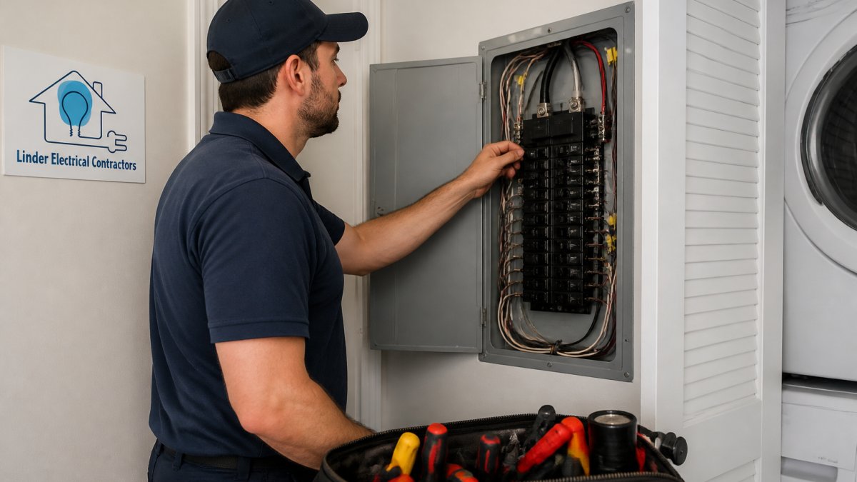 Professional electrician opening a residential panel to prepare home electrical inspection of the wiring.
