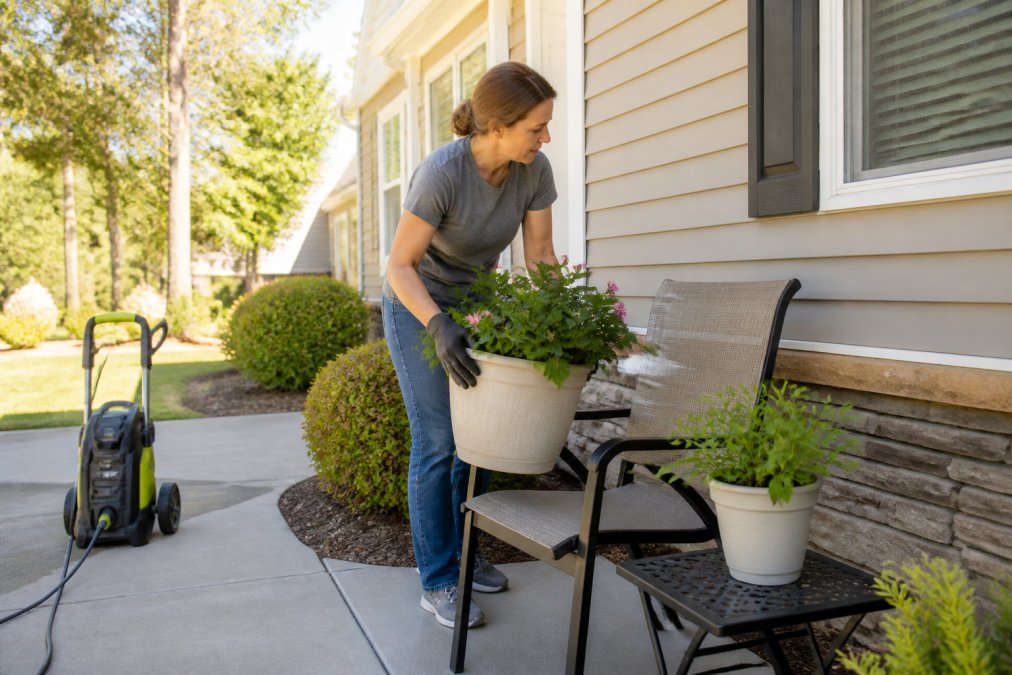 A homeowner in casual clothes moving potted plants and outdoor furniture away from the side of a house, with a pressure washing wand visible in the background, sunny day, suburban home exterior