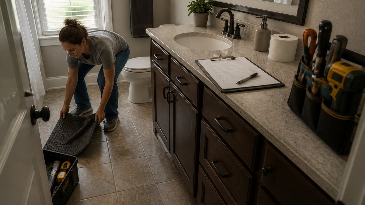 A homeowner clearing small items and a bath mat from a bathroom floor, a clipboard checklist resting on the vanity counter, tools staged neatly against the wall in soft morning light
