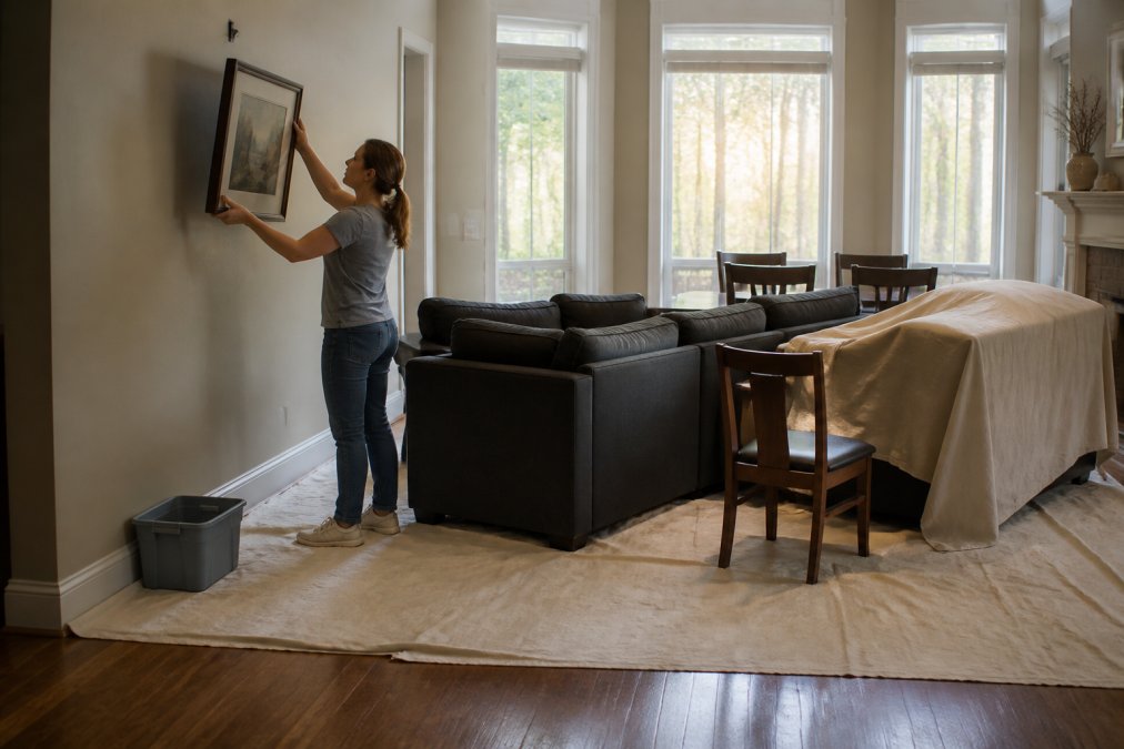 A homeowner carefully lifting framed wall art off a hook in a living room, with canvas drop cloths spread across hardwood floors and furniture pushed toward the center of the room, warm afternoon light coming through uncurtained windows